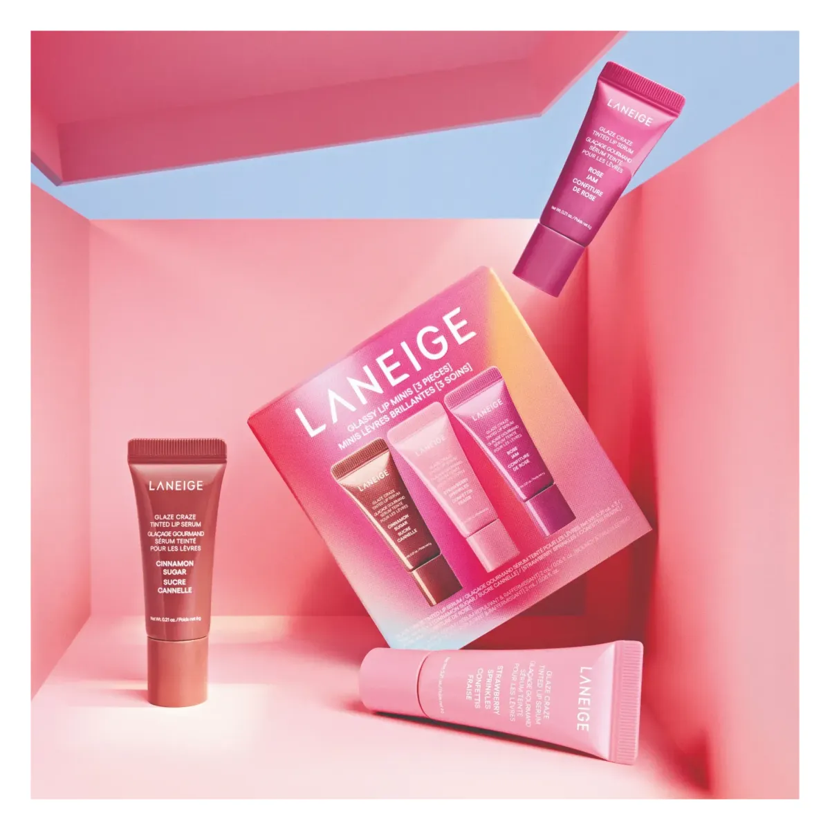 Laneige Glassy Lip Minis 3 Pc. Glaze Craze Tinted Peptide Lip Serum Gift Set